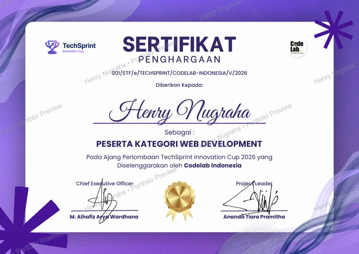 TechSprint Innovation Cup Web Development certificate for Henry Nugraha