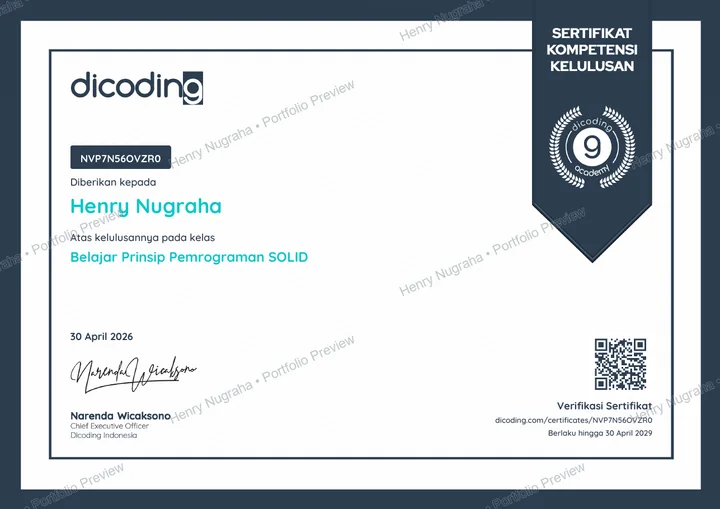 Dicoding certificate for learning SOLID programming principles