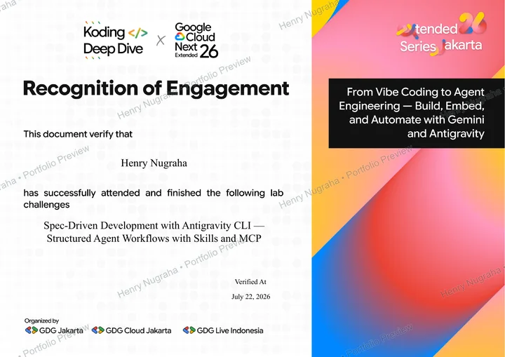 GDG recognition of engagement for Spec-Driven Development with Antigravity CLI, issued to Henry Nugraha