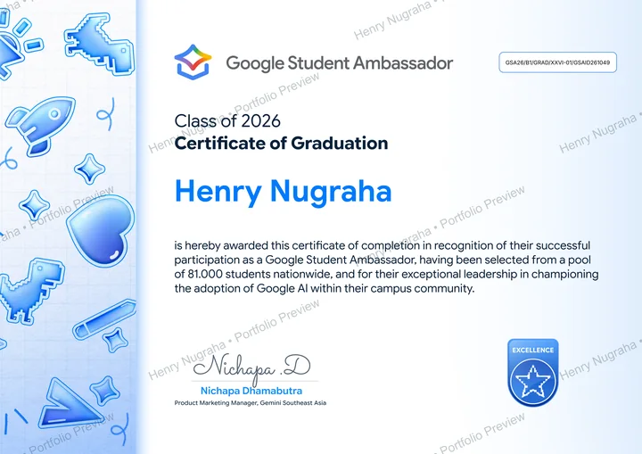 Google Student Ambassador Class of 2026 graduation certificate for Henry Nugraha
