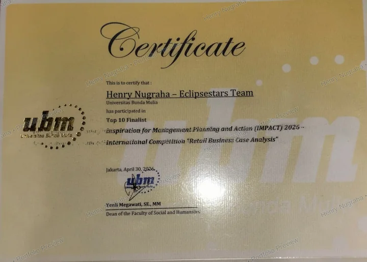 Top 10 Finalist Retail Business Case Analysis certificate for Henry Nugraha