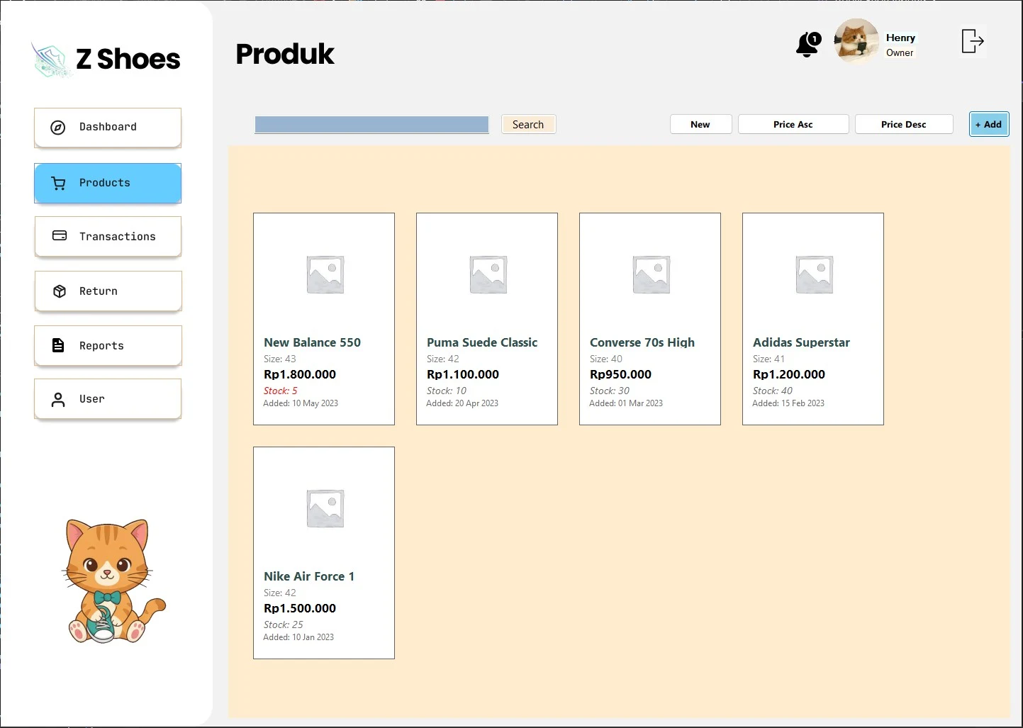 POS Z Shoes product catalog with size, price, stock and sorting controls; the archived build uses placeholder product photos