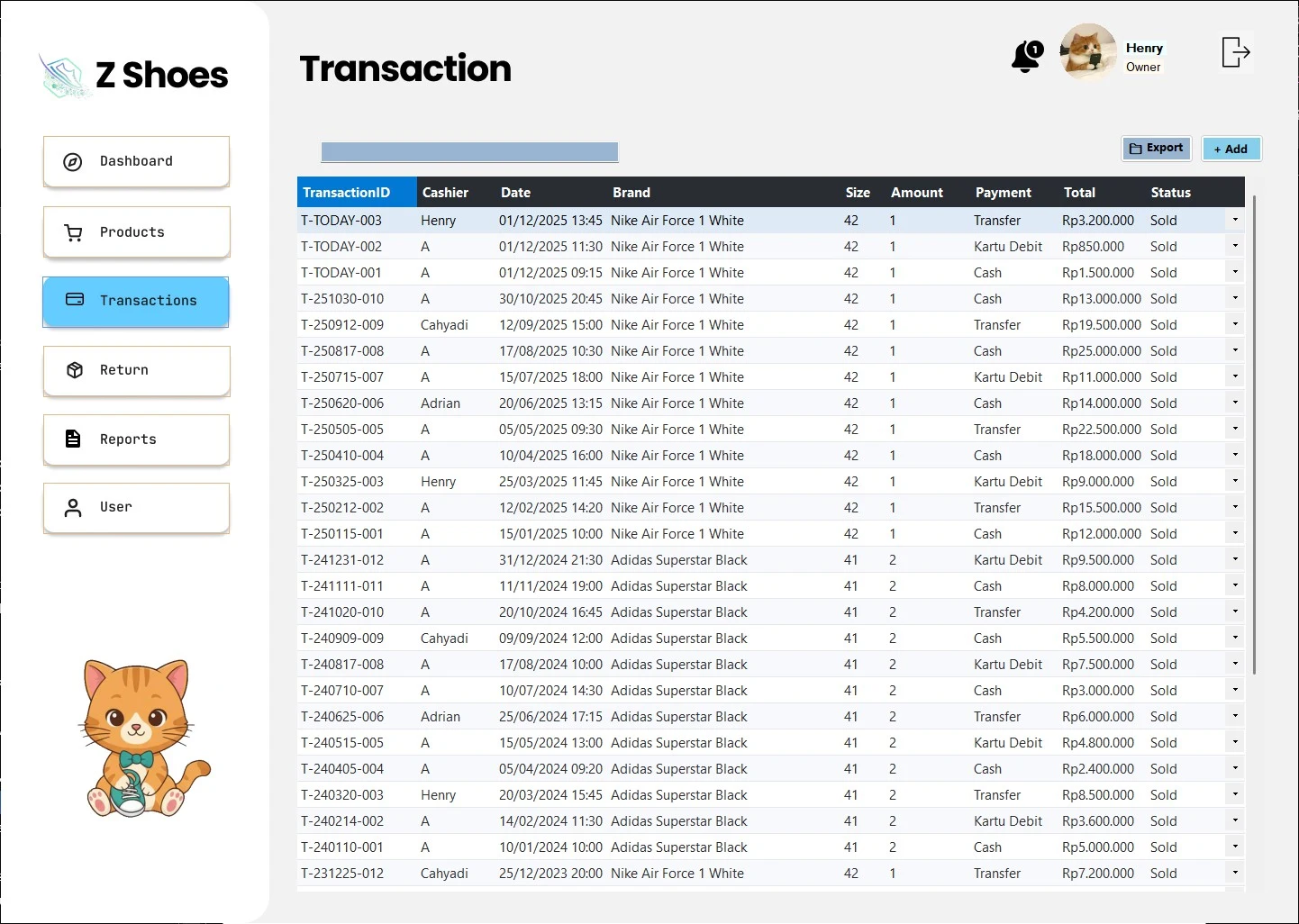 POS Z Shoes desktop transaction table with cashier, date, product, size, quantity, payment and status columns