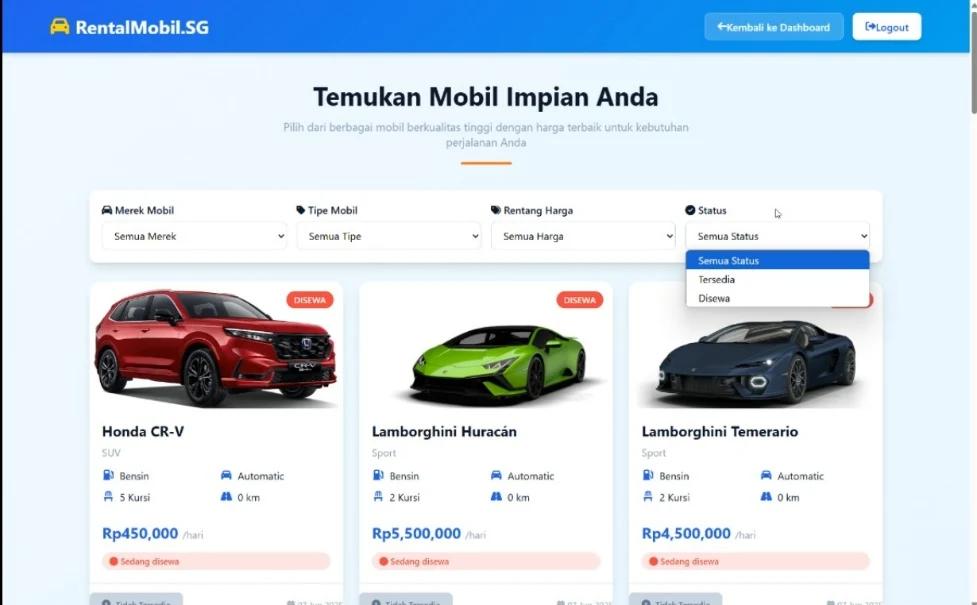 RentalMobil.SG car catalog with brand, type, price and availability filters